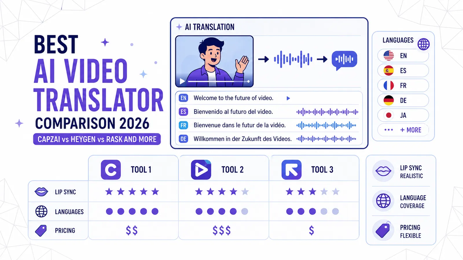 Comparatif 2026 des meilleurs traducteurs vidéo IA : CapzAi, HeyGen, Rask