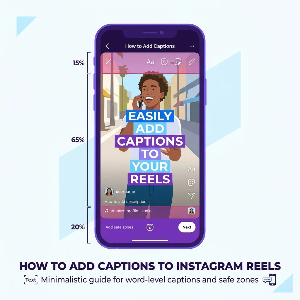 Éditeur de sous-titres Instagram Reels avec zones sûres pour vidéo verticale et blocs de synchronisation mot par mot