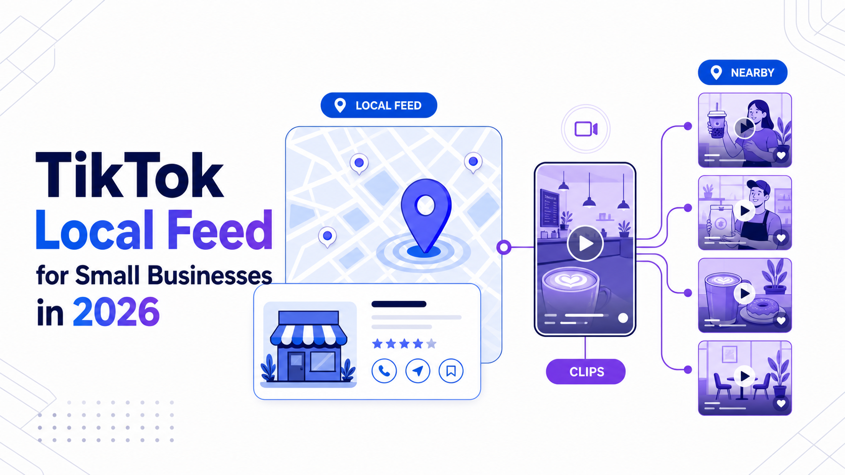 Une interface de découverte locale façon TikTok avec cartes de commerces proches et panneaux vidéo sous-titrés