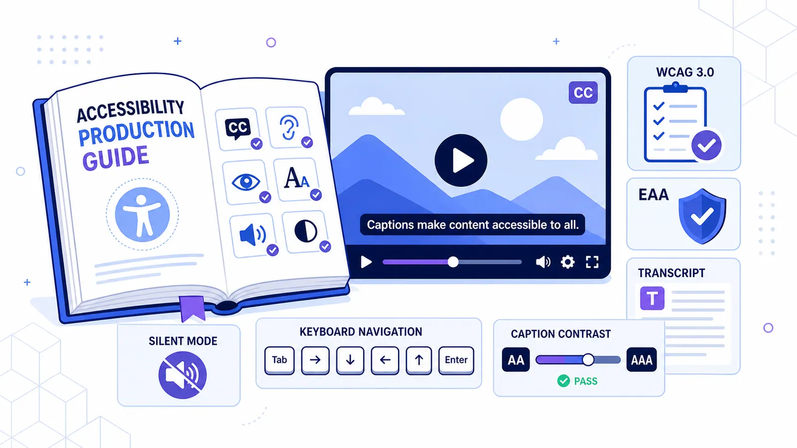 Manuel de l'accessibilité à côté d'un lecteur vidéo avec sous-titres et icône muette