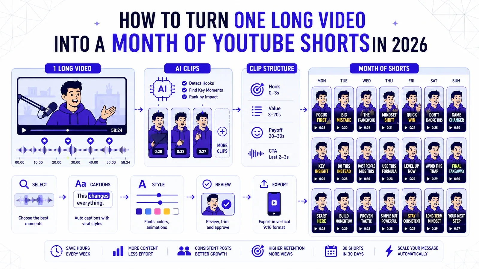 Transformer une longue vidéo en un mois de YouTube Shorts en 2026